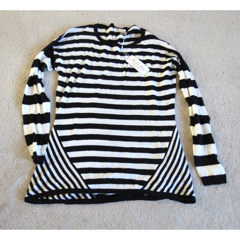 NWT Caroline Grace Cotton Cashmere Black White Long Sleeve Shirt Size XL